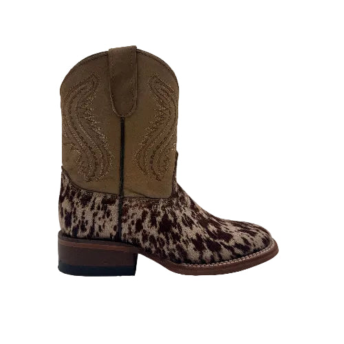 Kids' Hair-On Cowhide Square Toe Western Boots | Brown & White