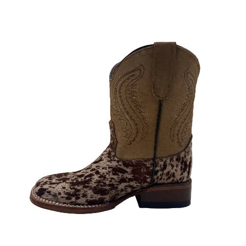 Kids' Hair-On Cowhide Square Toe Western Boots | Brown & White