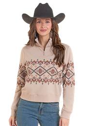 Wms Aztec Border Print 1/4 Zip Pullover