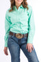 light green button front western shirt with cinch logo on the pocket