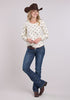 Woman wearing a white patterned shirt, blue jeans, and a brown cowboy hat on a light gray background
