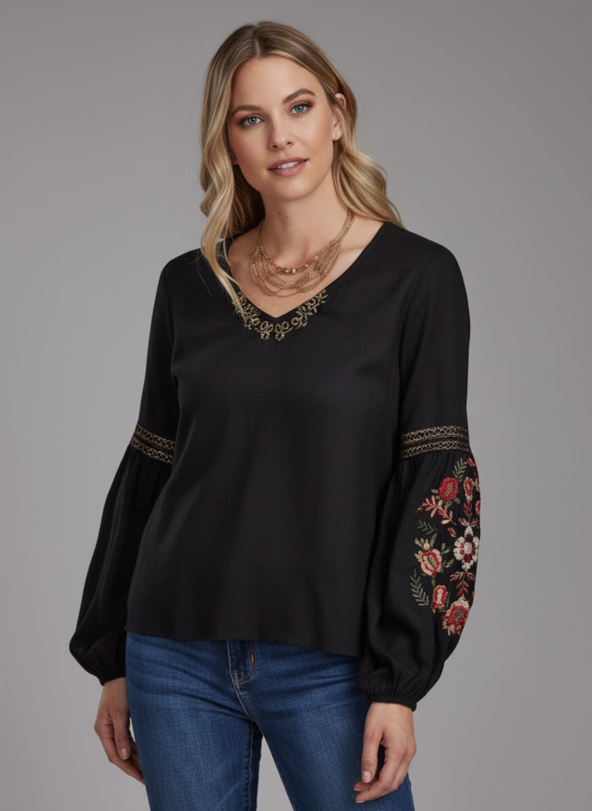 Black embroidered sleeve rayon blouse