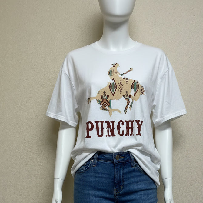 Ladies White t-shirt with a graphic of a horse and the word 'Punchy' 
