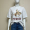 Ladies White t-shirt with a graphic of a horse and the word 'Punchy' 