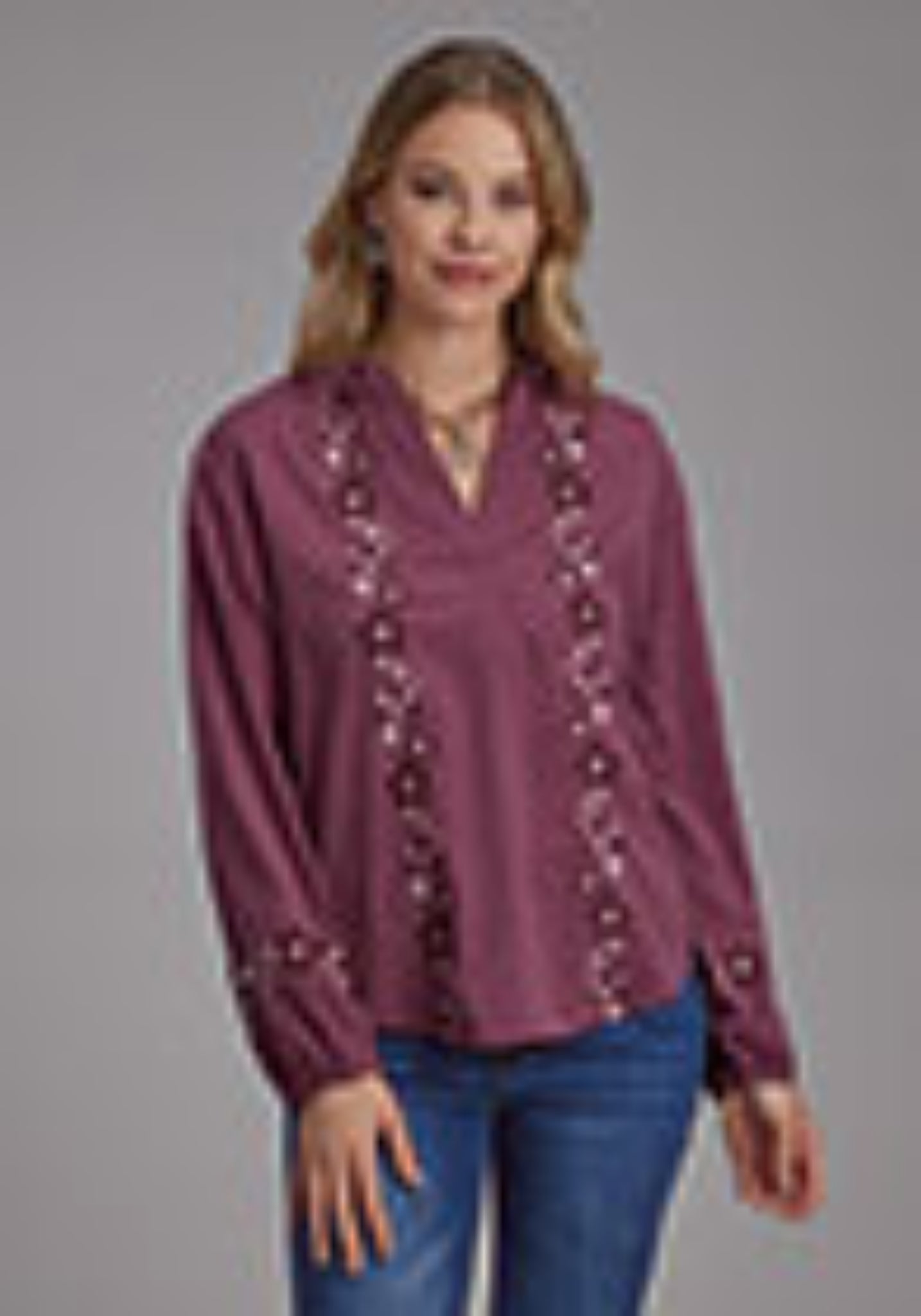 Ladies LS Embroidered Wine Blouse