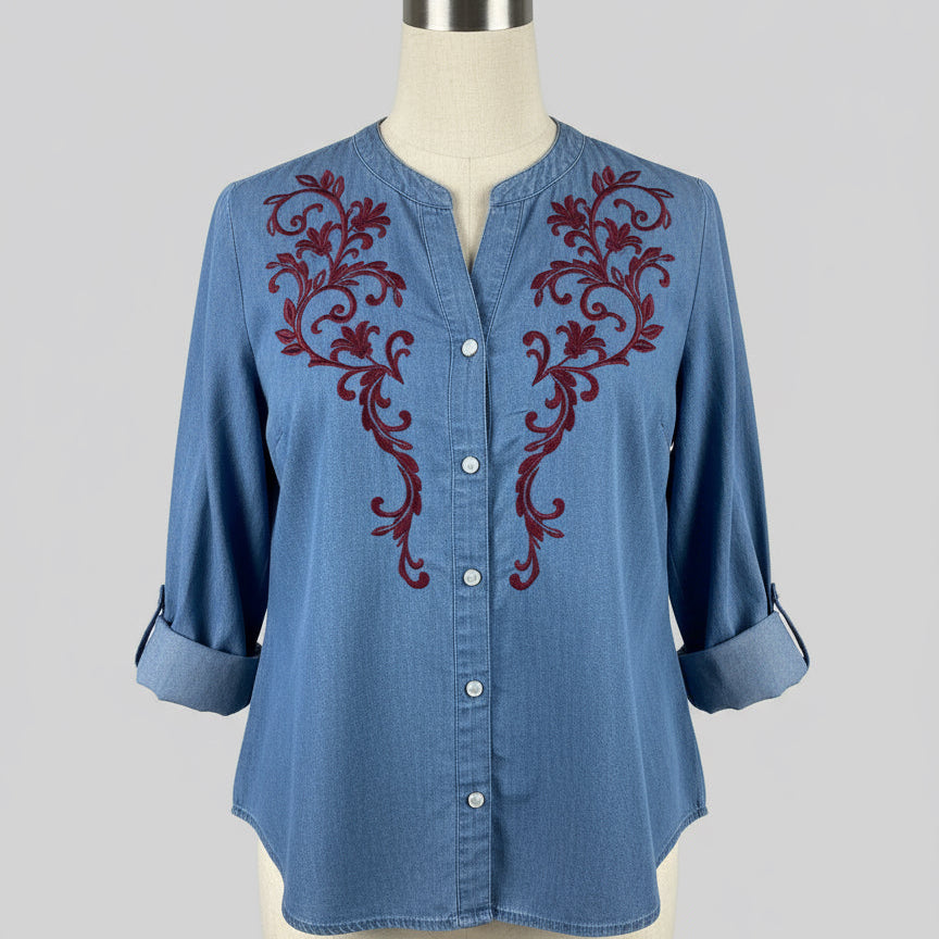 Ladies blue denim blouse with red embroidery