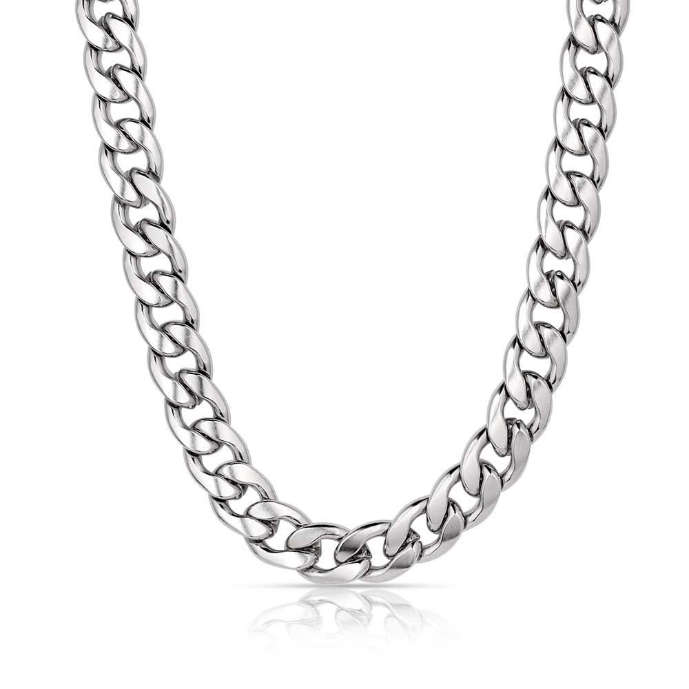 A large cuban link chain necklace made of stainless steel with a protective coating.