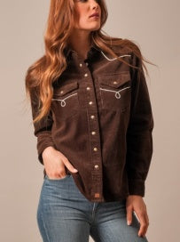 Ladies brown corduroy Kimes shirt with white pearl snap buttons 
