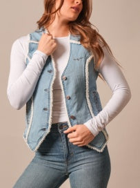 Ladies Kimes Ranch denim vest with sherpa trim