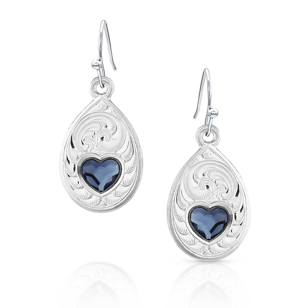 Silver earrings with blue heart stones on a white background