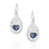 Silver earrings with blue heart stones on a white background