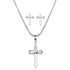 Silver cross necklace and earrings on a white background