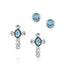 Silver cross-shaped earrings with turquoise stones on a white background