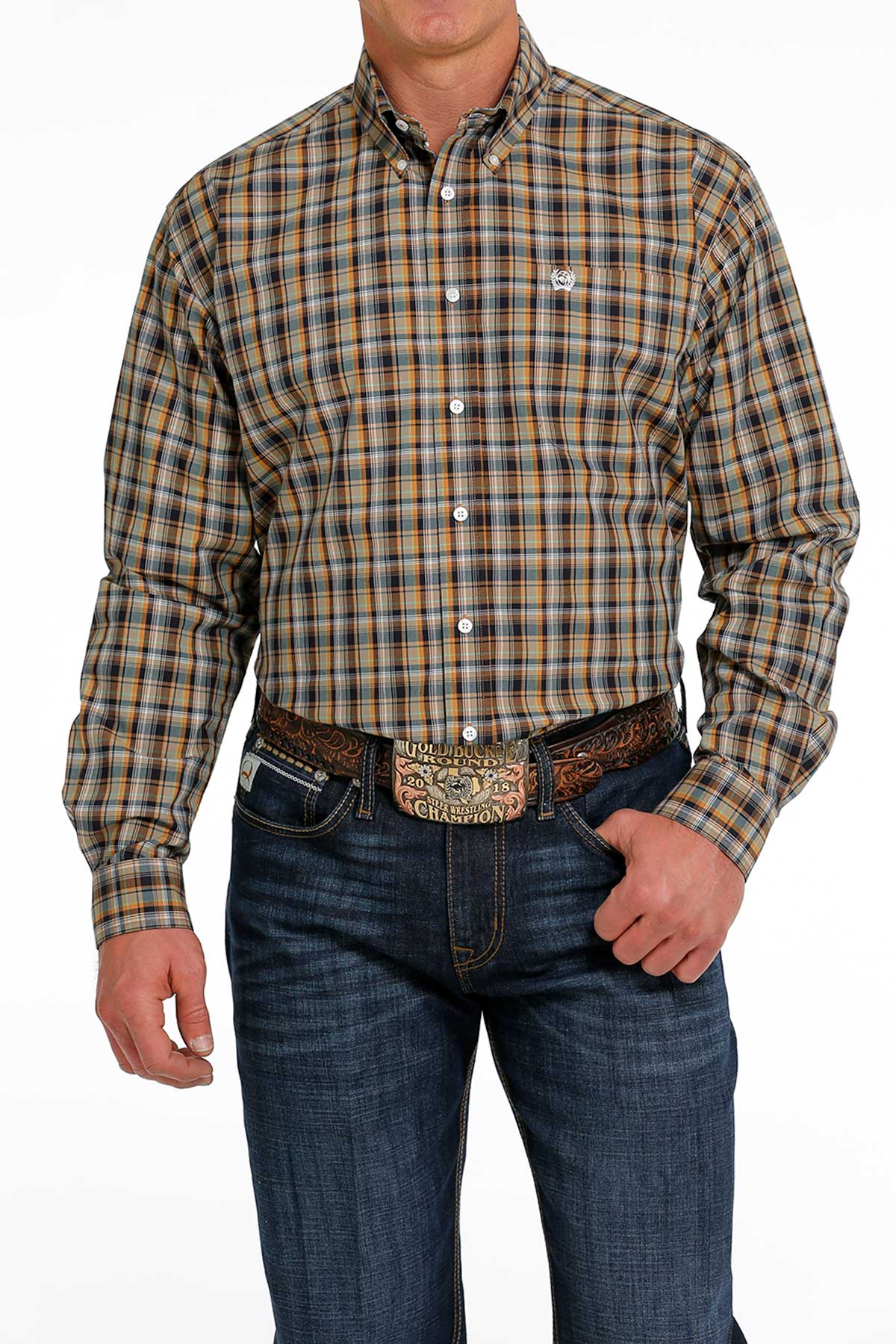 Men's brown plaid button front shirt with collar and cinch logo on the button