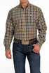 Men's brown plaid button front shirt with collar and cinch logo on the button