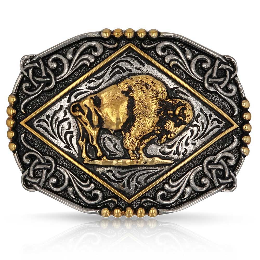 Belt buckle with gold bull design on a black and silver background