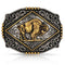 Belt buckle with gold bull design on a black and silver background