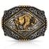 Belt buckle with gold bull design on a black and silver background