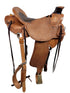 A classic leather western saddle with matching leather straps, stirrups, 