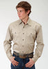 Man wearing a beige long-sleeve shirt with a belt on a white background