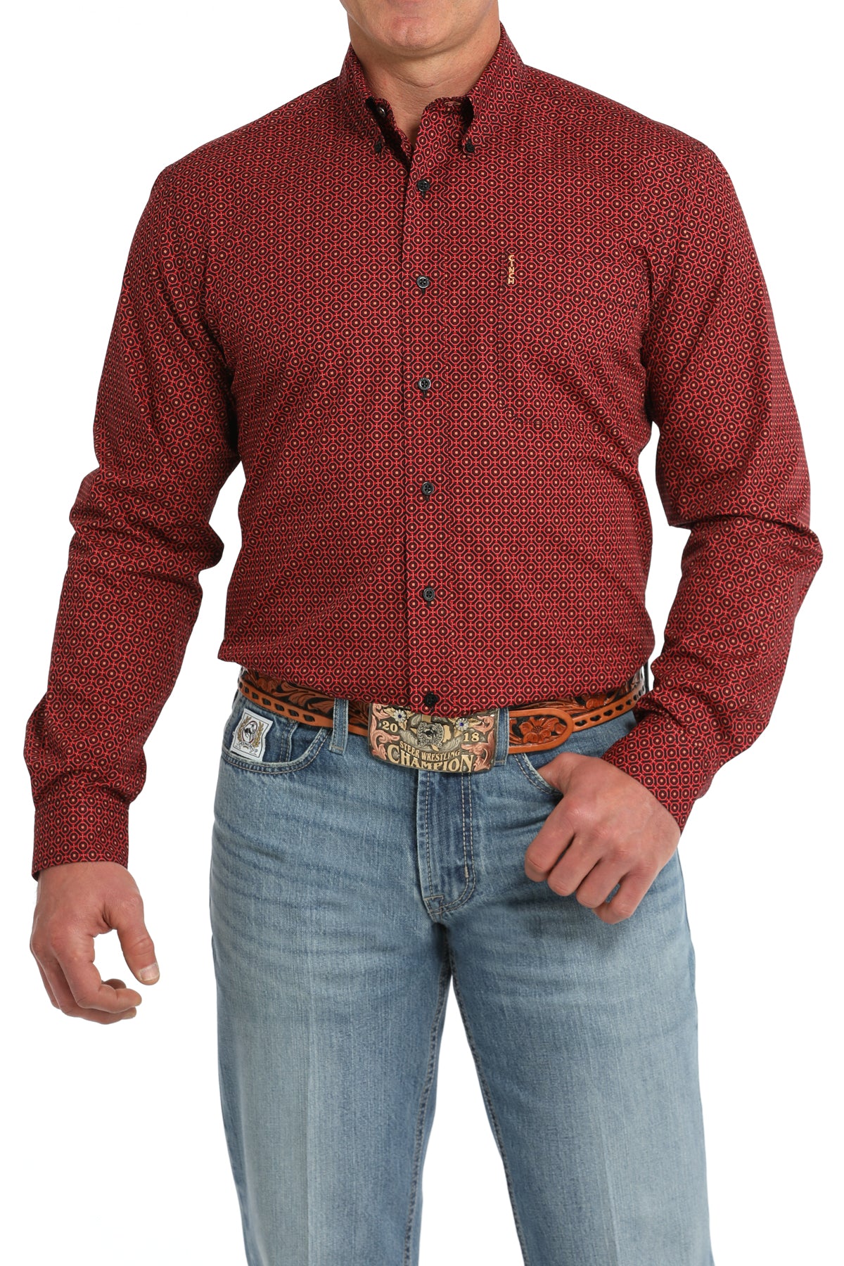 Men's Red Cinch Western Shirt with button front, long sleeve and collar