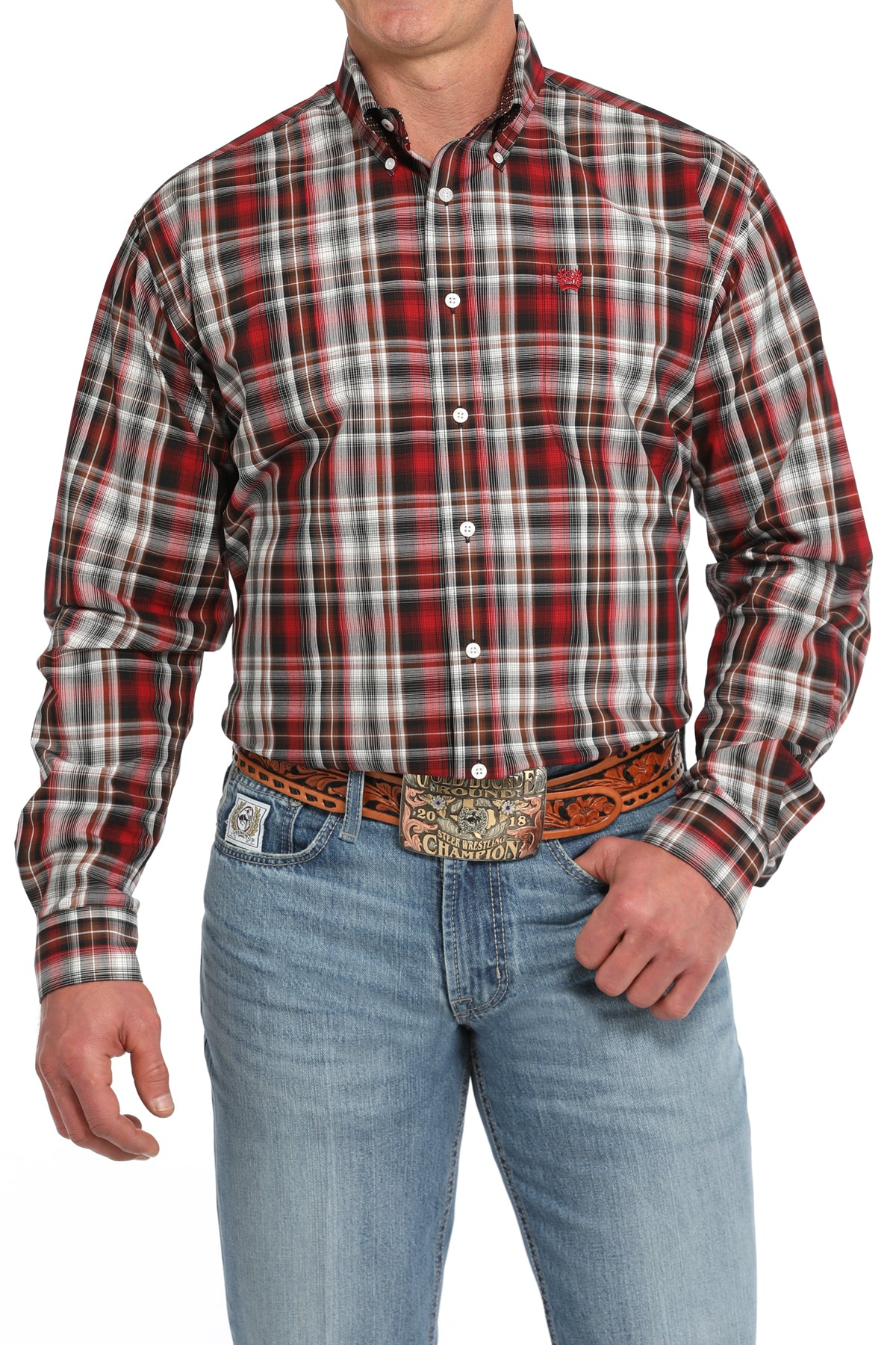 Men's Cinch Red Plaid Western Shirt with Button front and collar