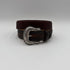 Brown belt with silver buckle on a light gray background