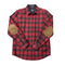 Red and black plaid shirt, button down, brown elbow patches