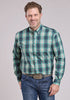 Man wearing a blue plaid shirt and jeans 