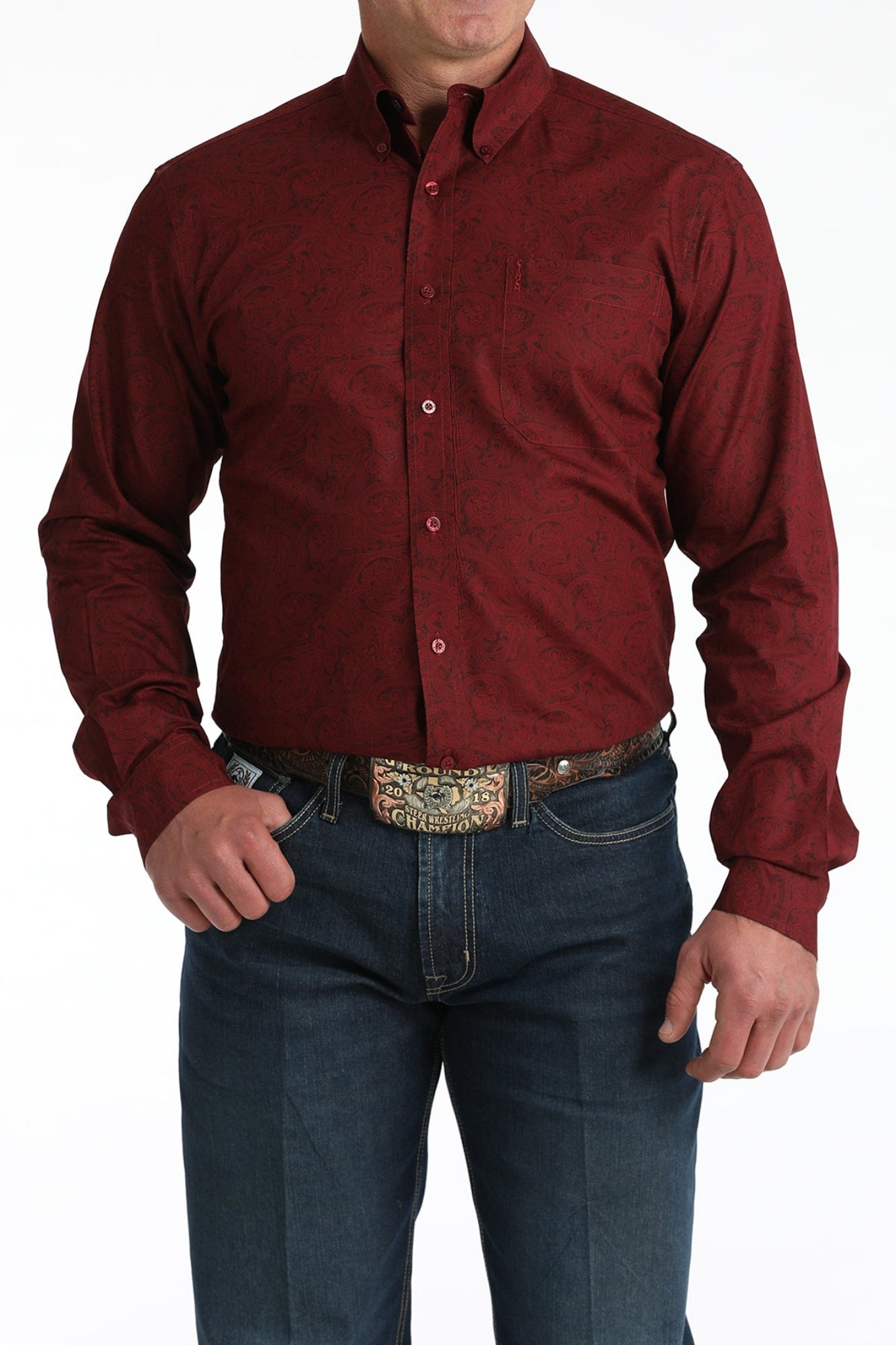 Men's  burgundy button-up western shirt long sleeve 