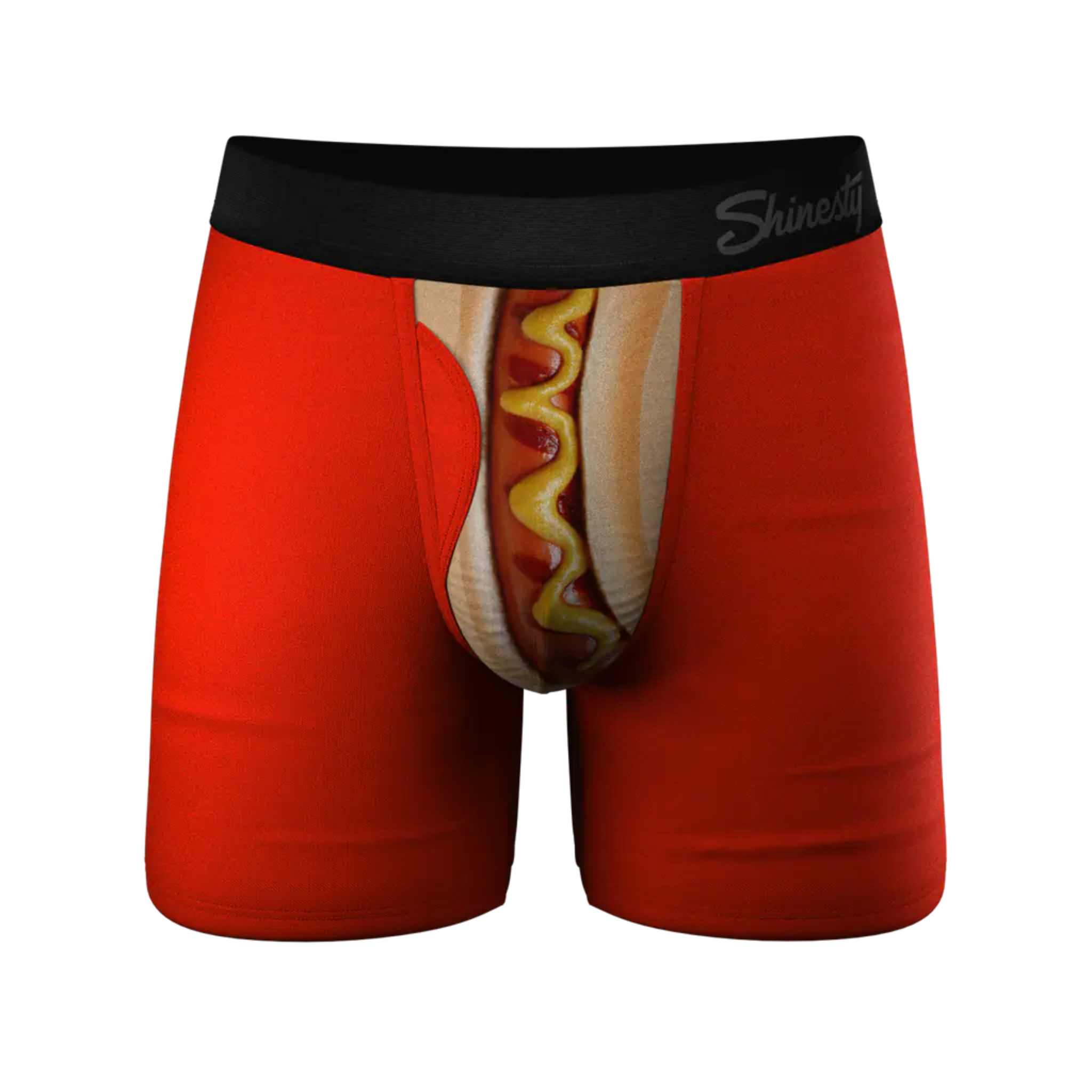 Red boxer briefs with a hot dog graphic and 'Shinedry' branding on a white background