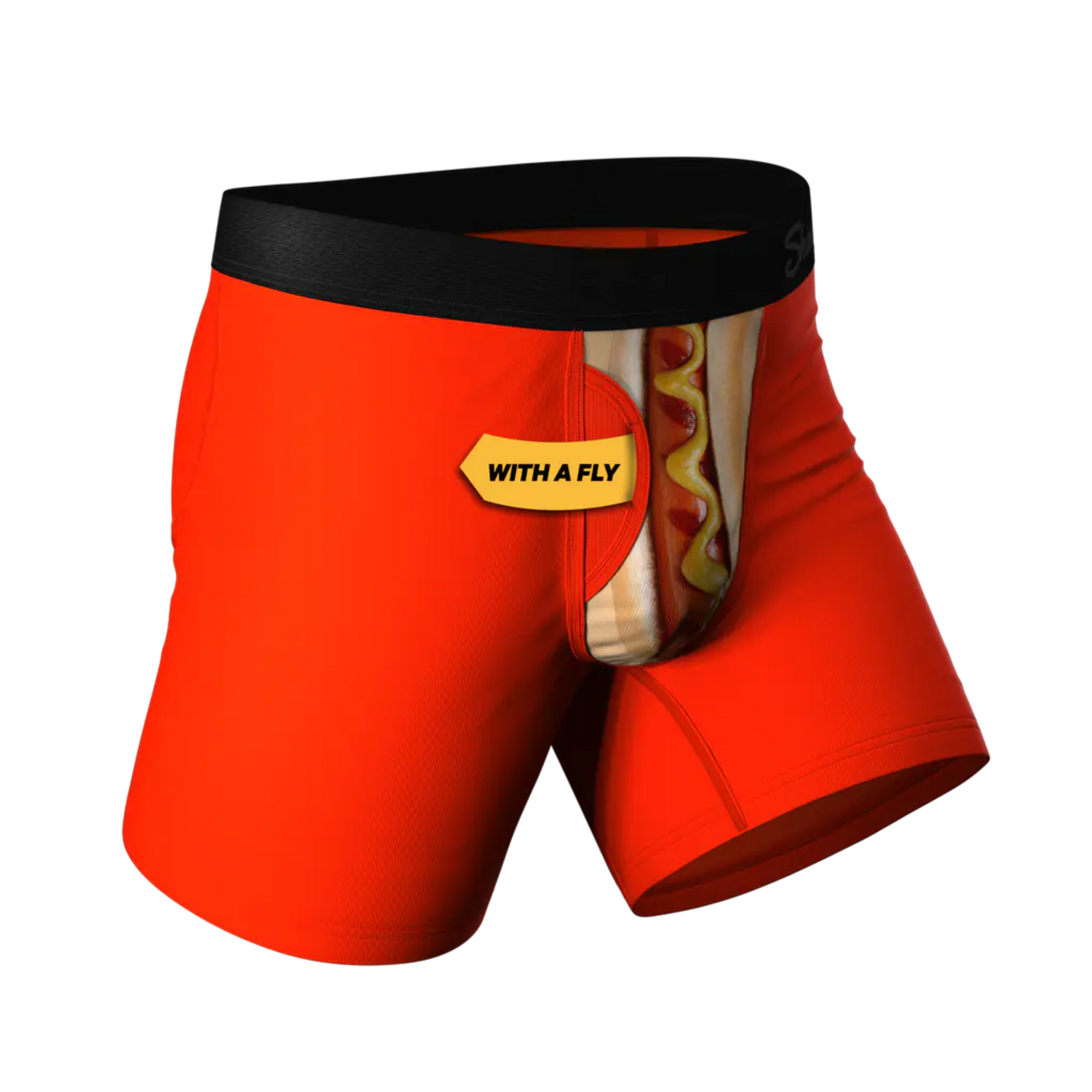 Red boxer briefs with a fly design featuring a hot dog