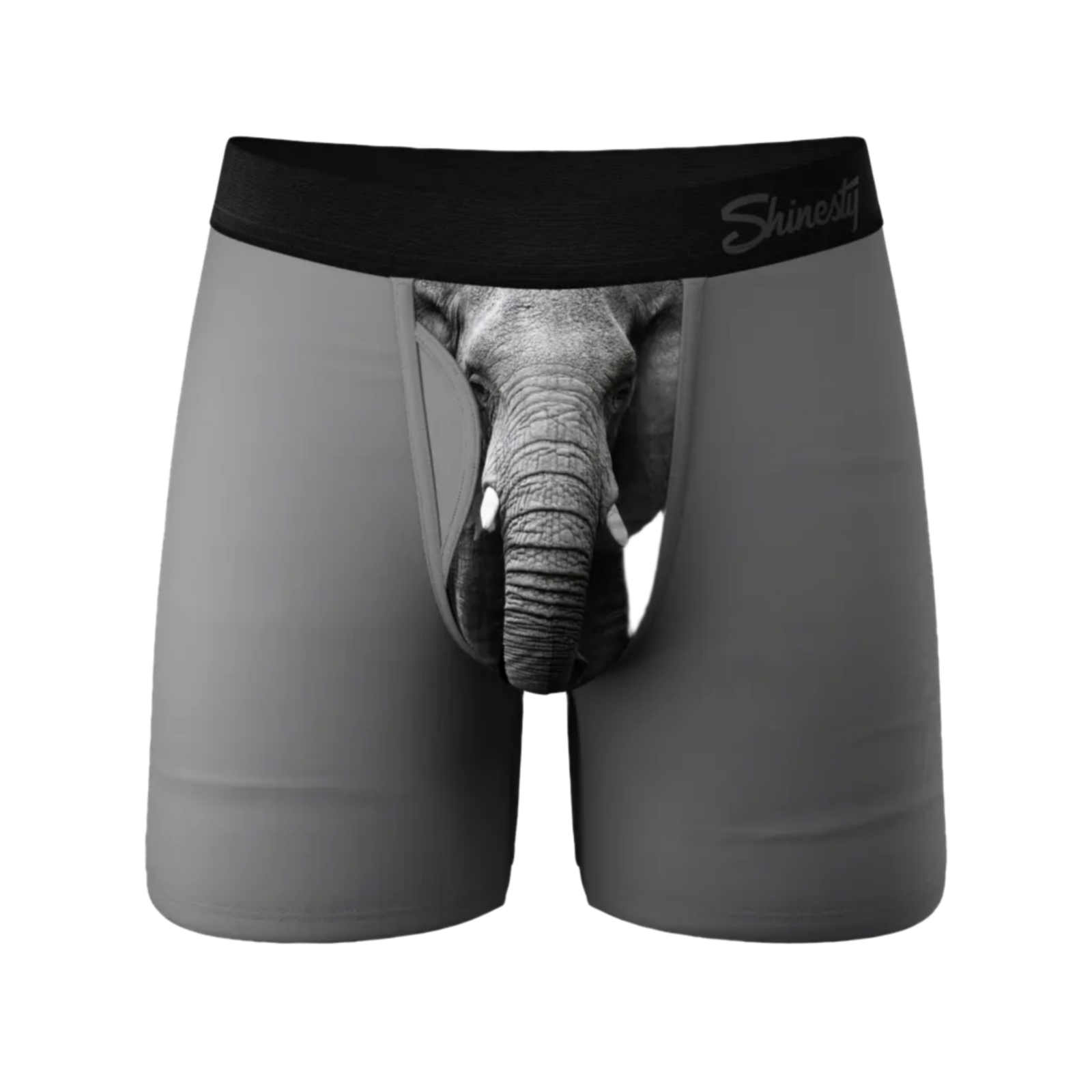 Gray boxer briefs with an elephant trunk print 