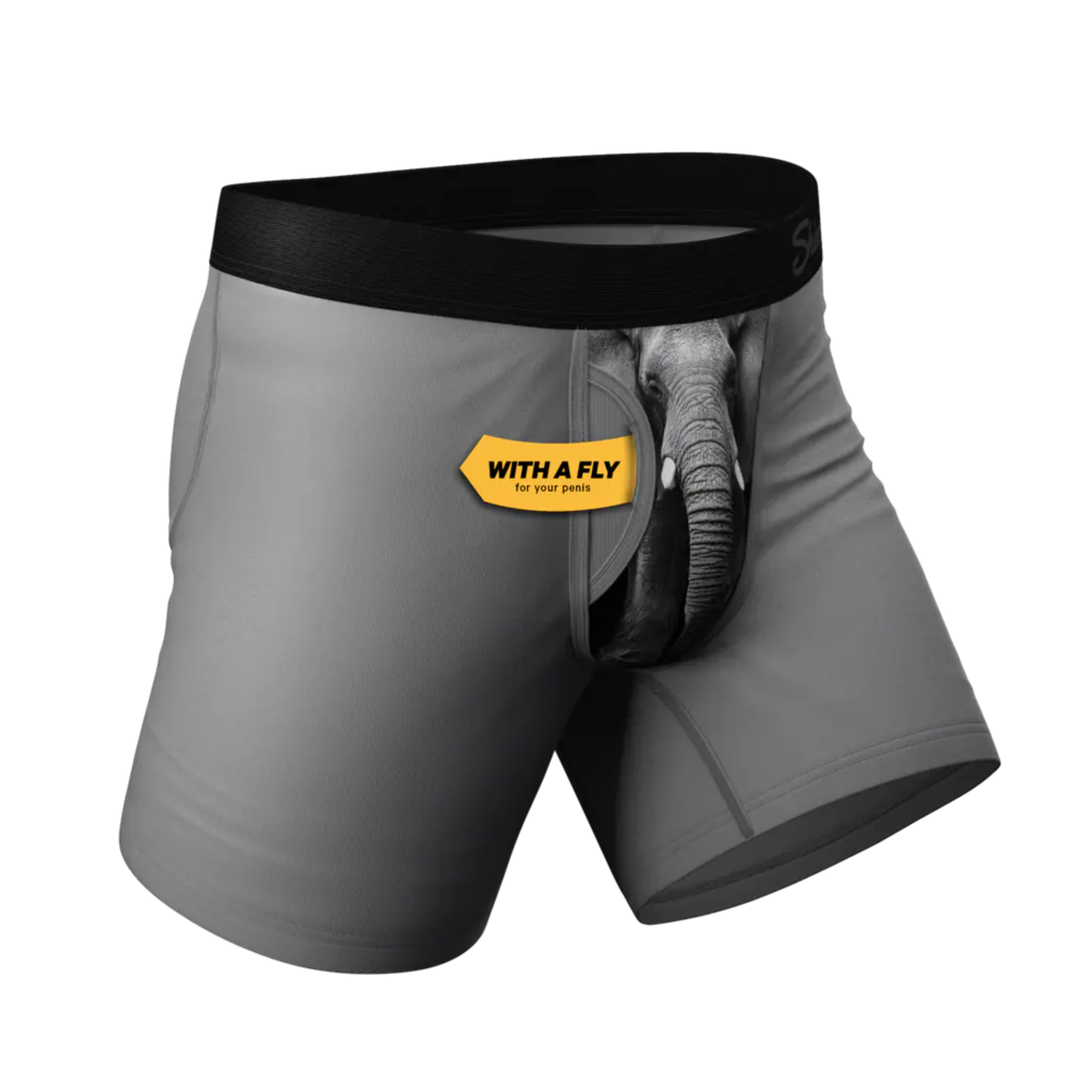 Gray boxer briefs with black waistband and 'With a Fly' 