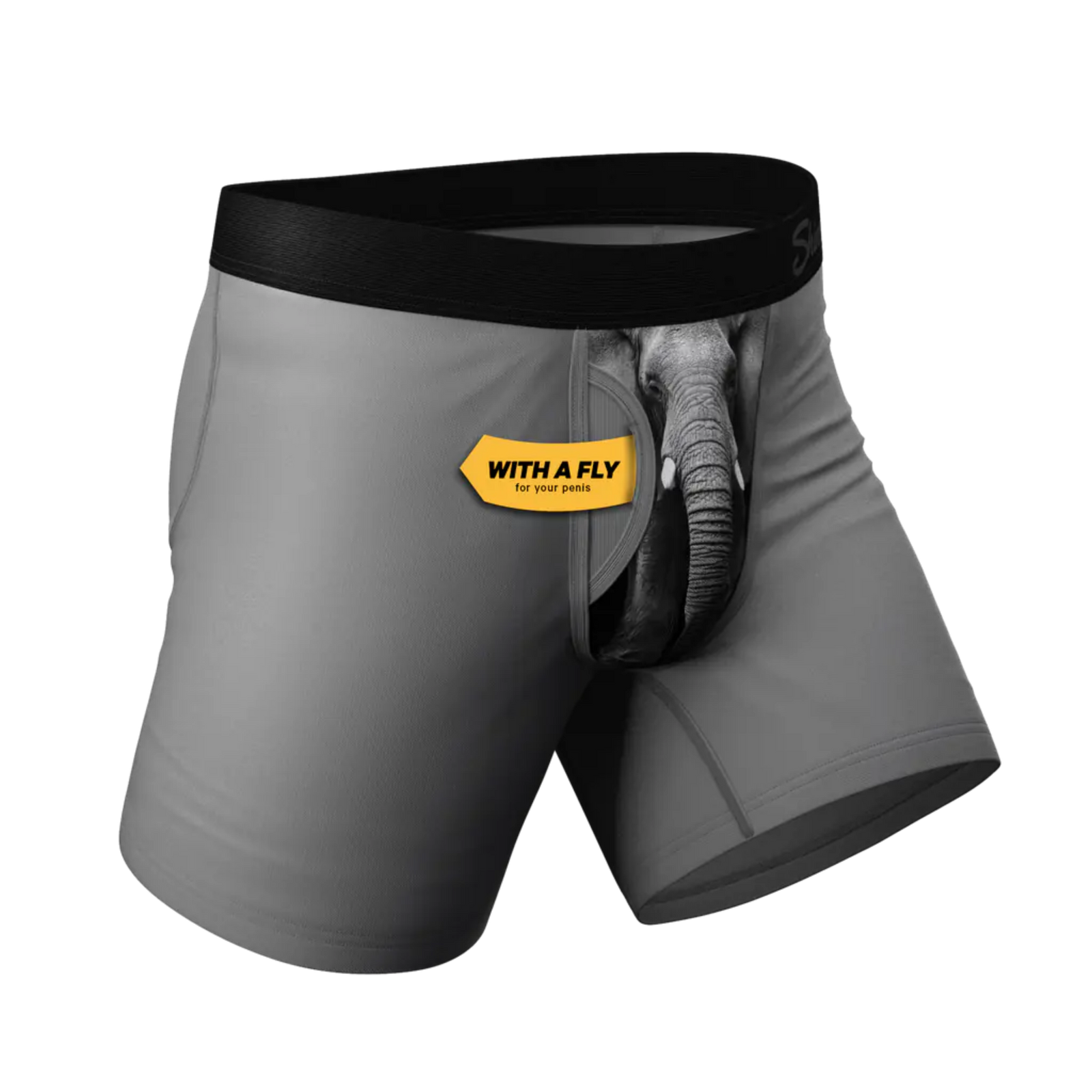 Gray boxer briefs with black waistband and 'With a Fly' 