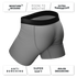 Gray boxer briefs with black waistband on a white background with feature text.