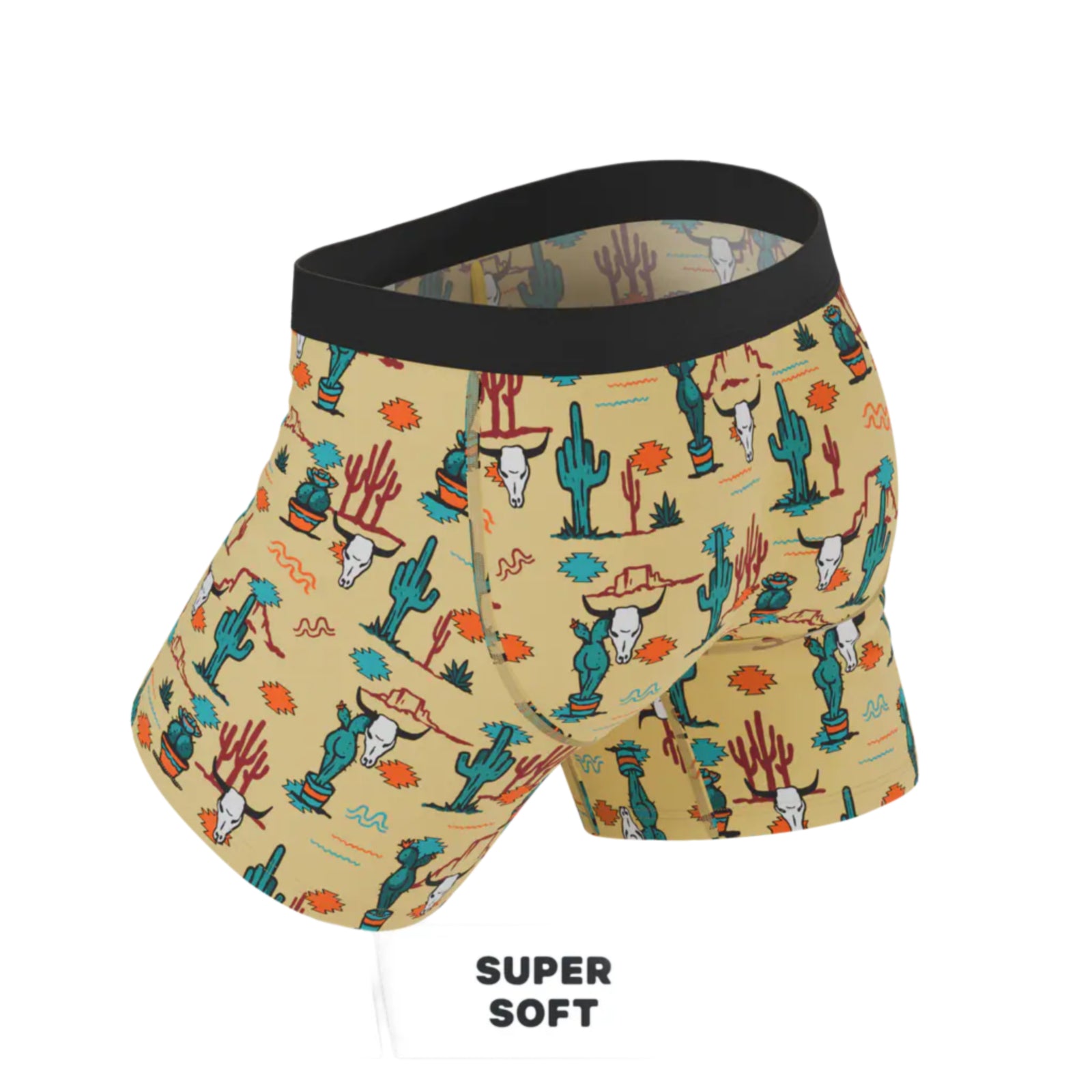 Boxer briefs with cactus pattern on a beige background, featuring text about product benefits.