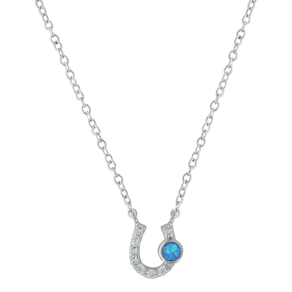 Silver necklace with a horseshoe pendant featuring a blue gemstone on a white background