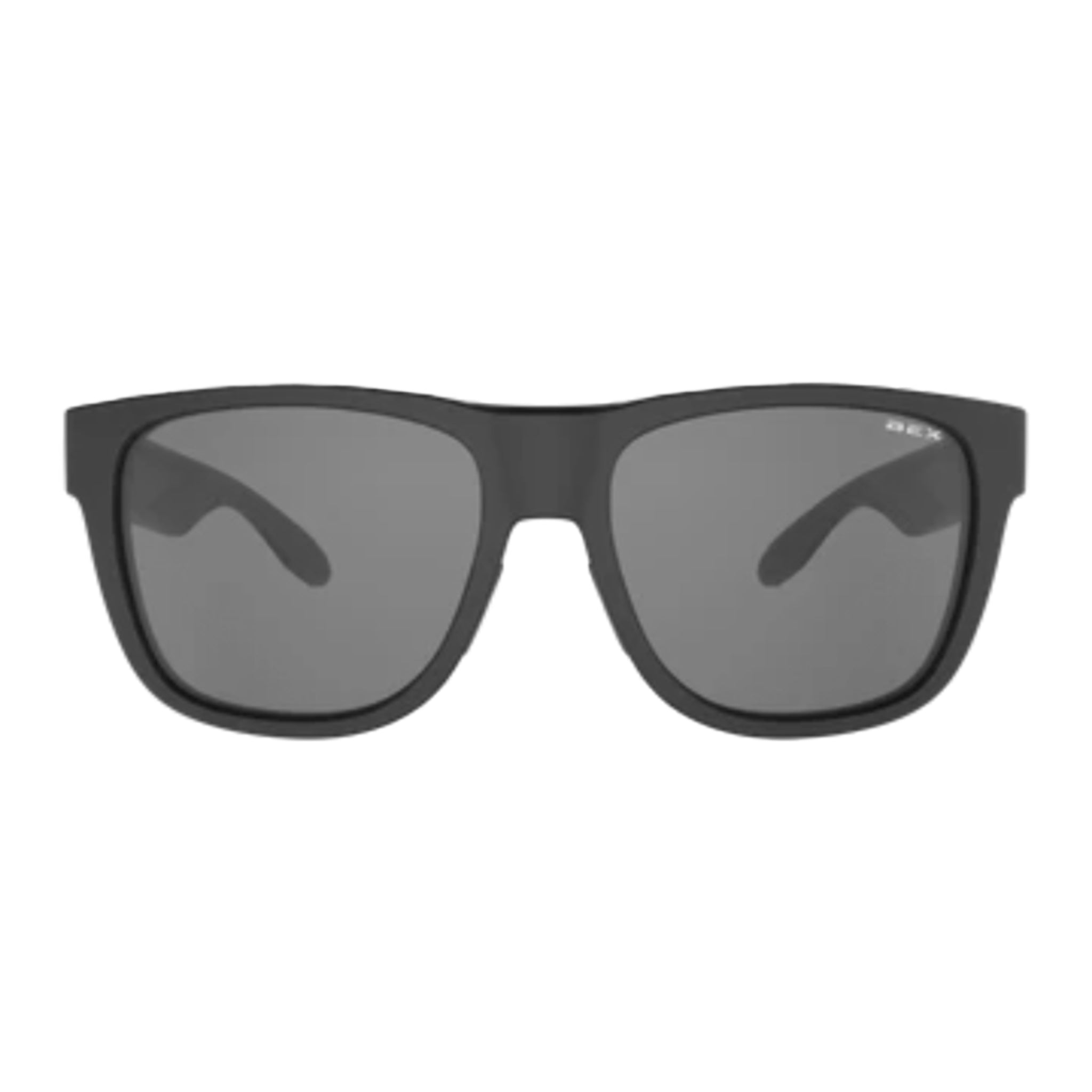 Black sunglasses with dark lenses on a white background