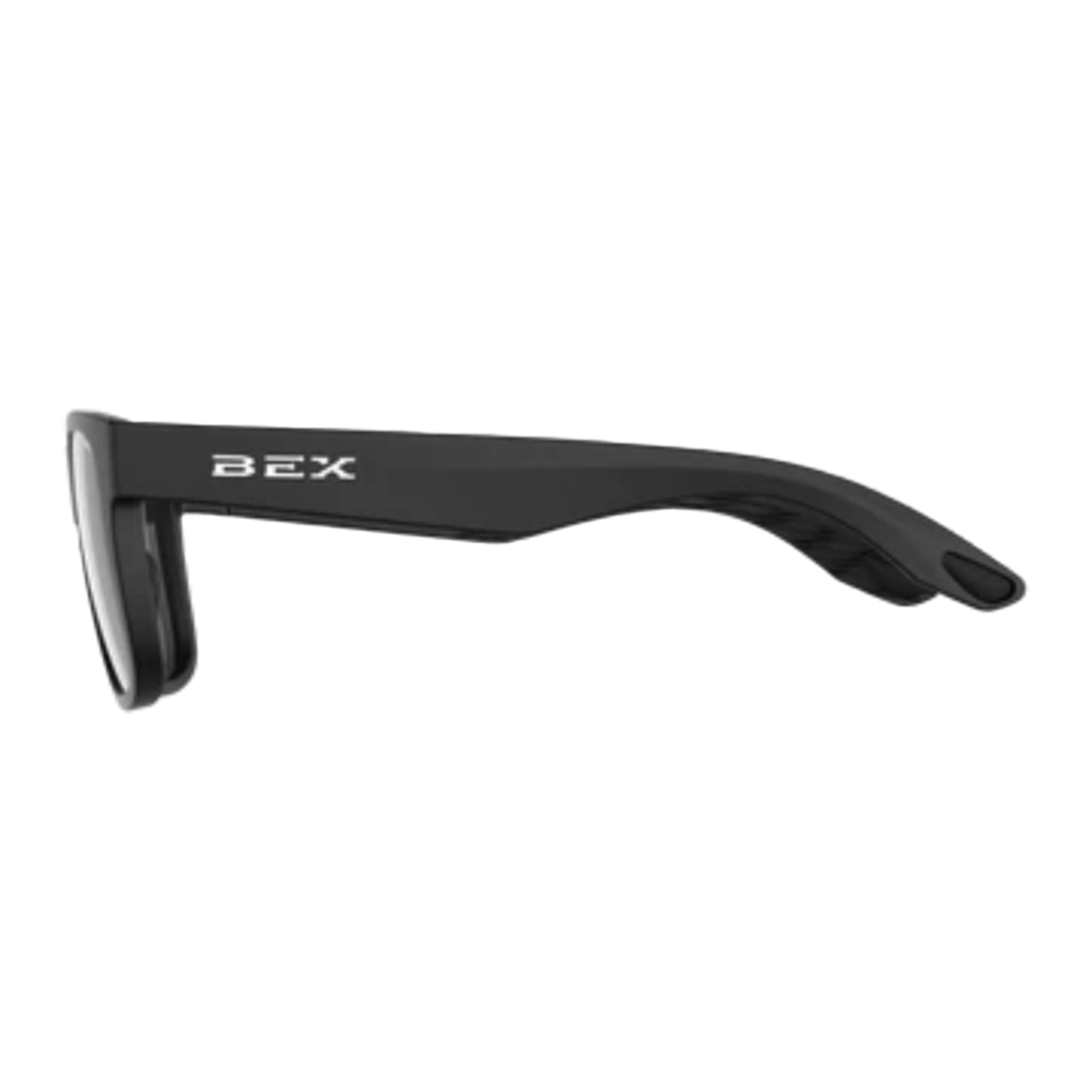 Black sunglasses with 'BEX' branding on a white background