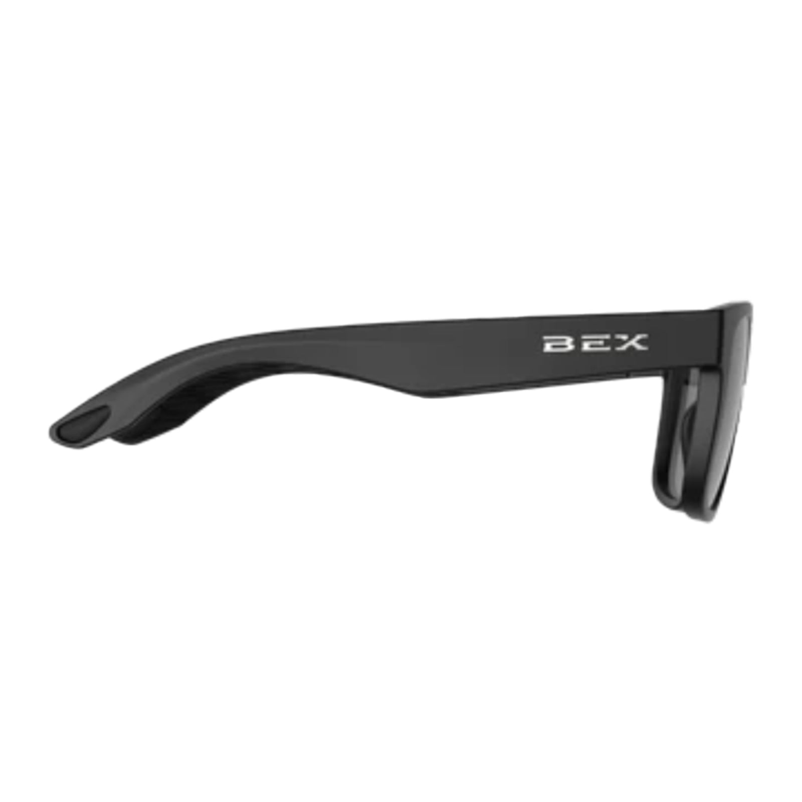 Black sunglasses with 'BEX' branding on a white background