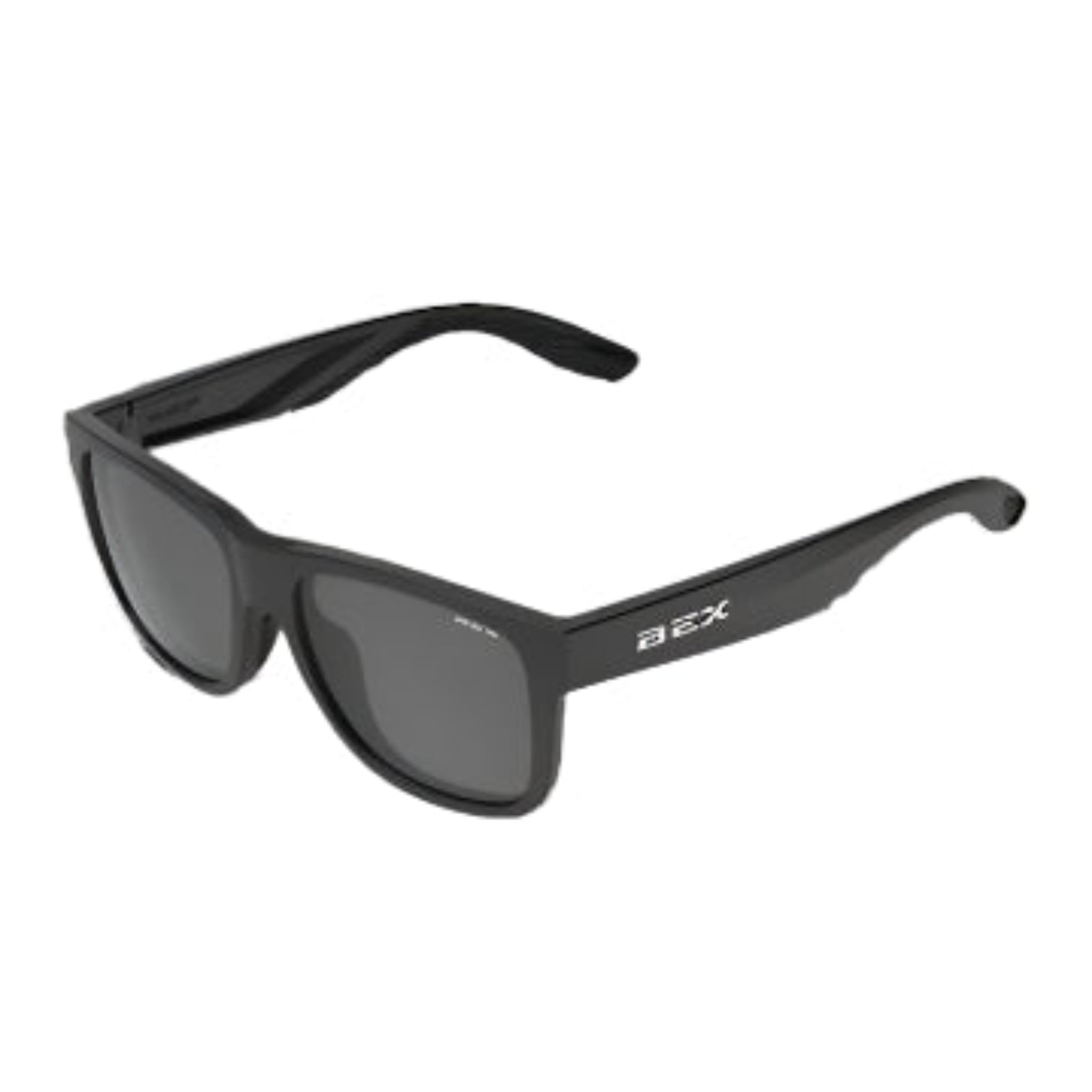 Black sunglasses with a brand logo on a white background