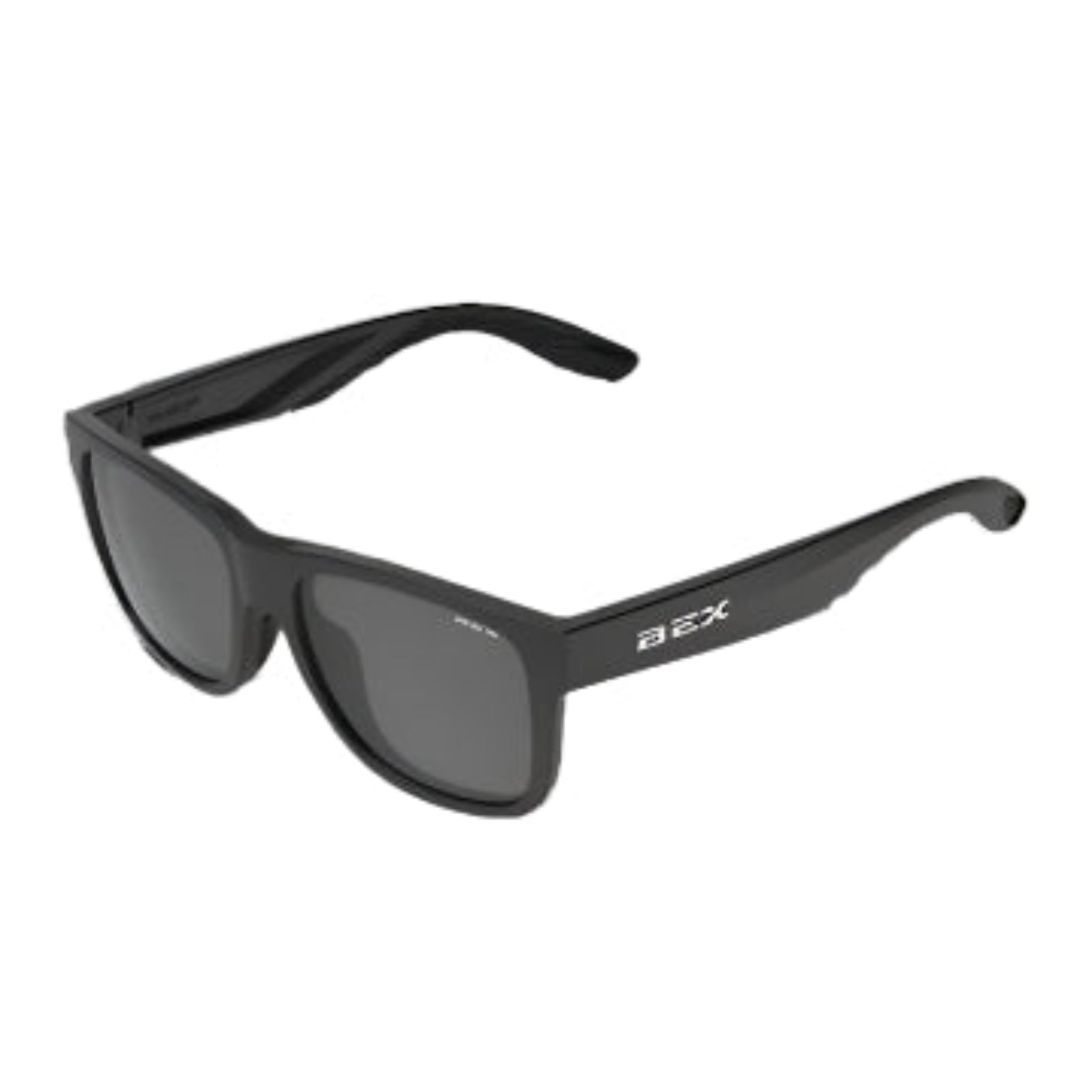 Black sunglasses with a brand logo on a white background
