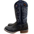 Black cowboy boot with intricate white stitching