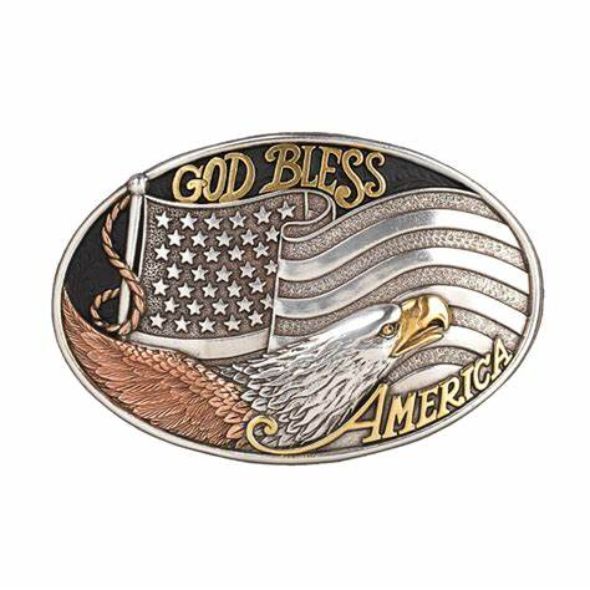 Oval-shaped belt buckle featuring an American flag and an eagle with the text 'GOD BLESS AMERICA' on it.