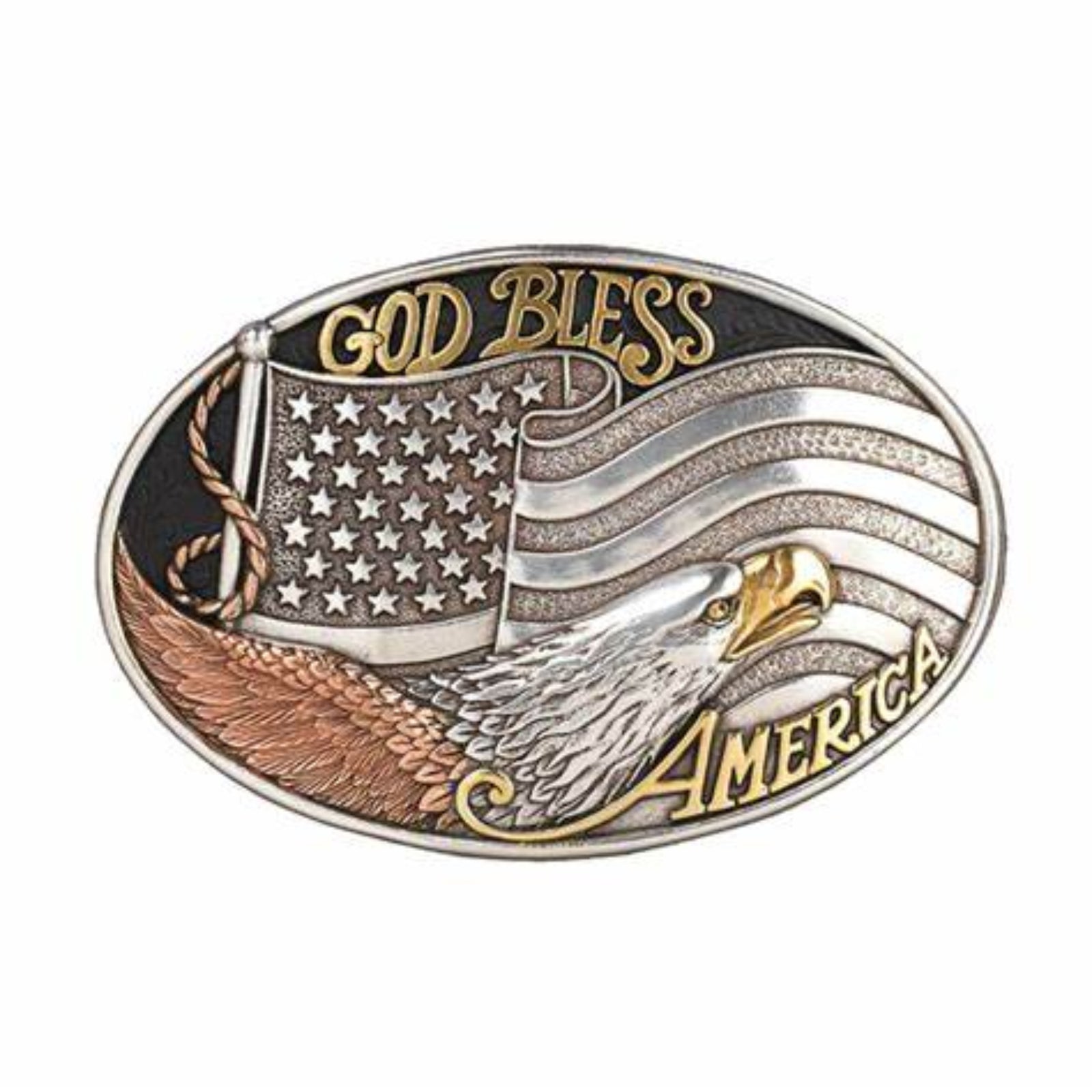 Oval-shaped belt buckle featuring an American flag and an eagle with the text 'GOD BLESS AMERICA' on it.