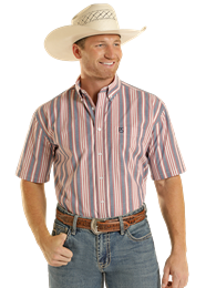 Men's striped shirt, cowboy hat, and jeans