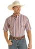 Men's striped shirt, cowboy hat, and jeans