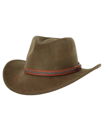 A brown Outback High Country Wool hat with a 4-inch crown and a red band around the base.
