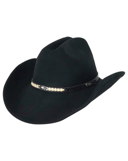 A black wool hat with a wide brim, featuring a hatband around the crown.